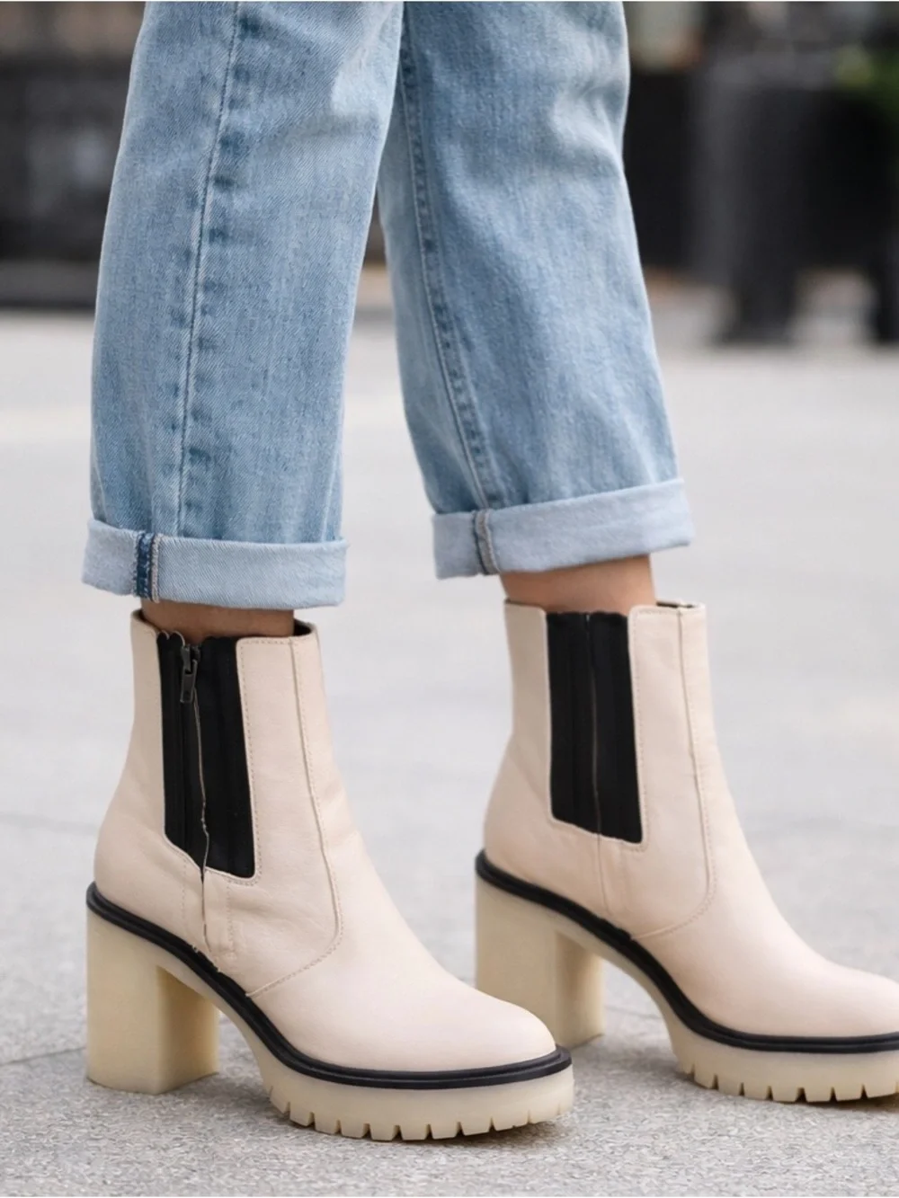 Cream Chelsea Heeled Ankle Boots with Black Elastic Panels - Picture 1 of 13
